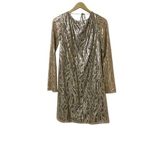 Tibi Gold Metallic Lace Long Sleeve Mini Dress Size 8 Party Formal Designer